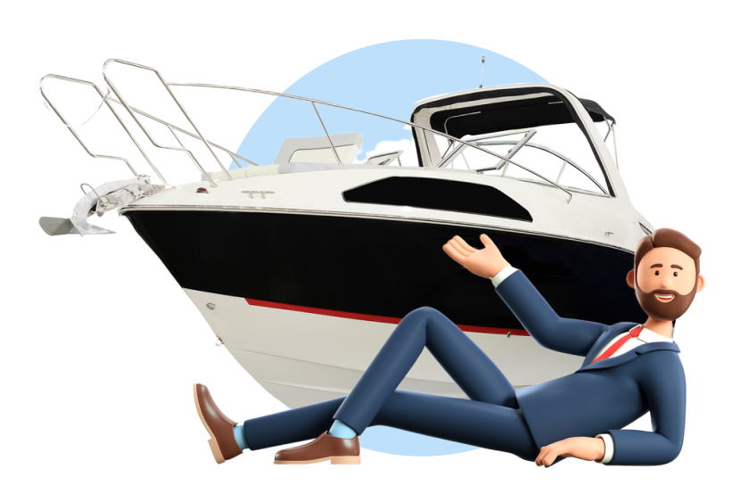 Marine finance concept - animated man lying next to a yacht